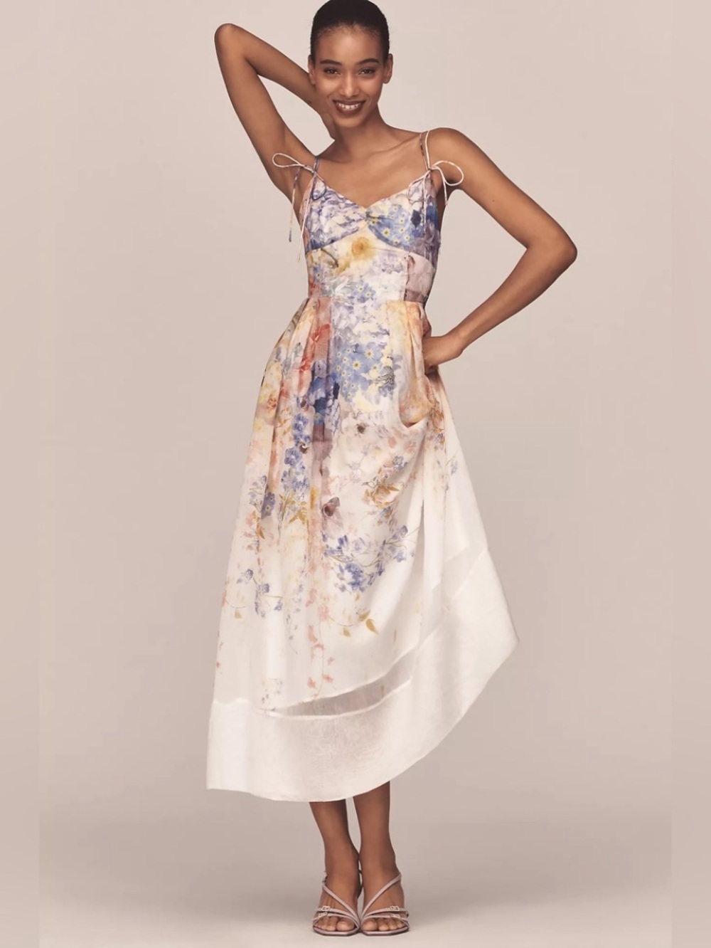 En Saison White Floral Midi Dress with Blue and Pink Accents